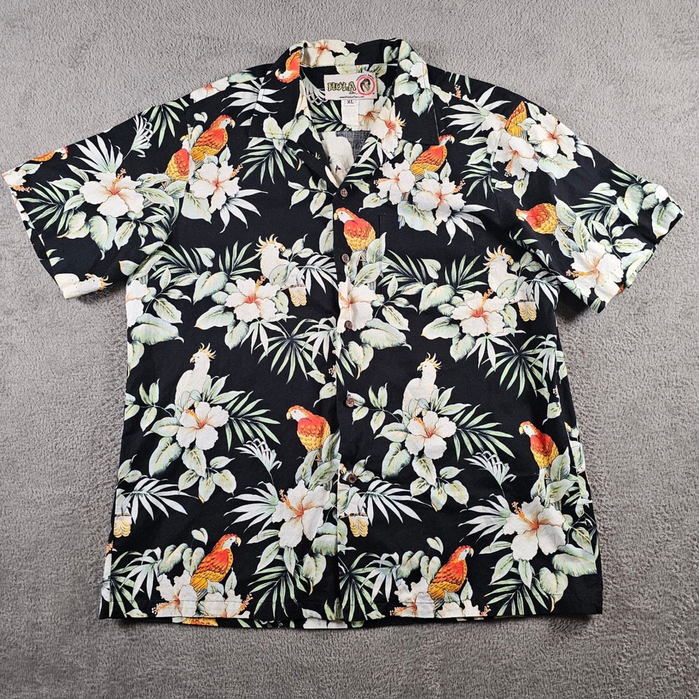 Hula Girl Mens XL Hawaiian Shirt Black Parrot Hibiscus Tropical Made in USA RJC